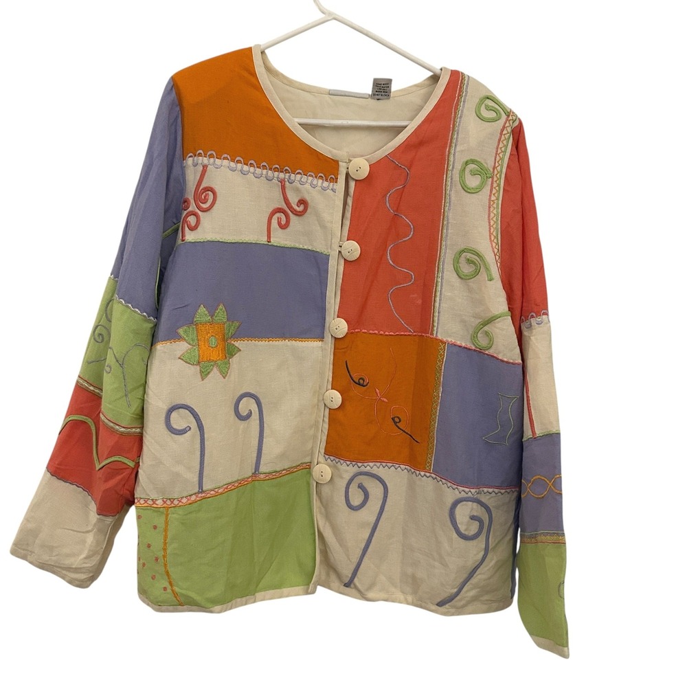 Nouveau Monde Patchwork‎ Embroidered Linen Rayon Jacket Multi-Color XL
